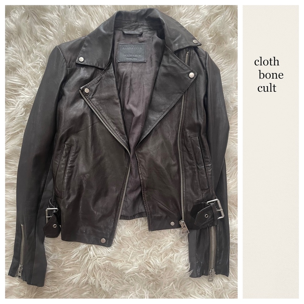 ALL SAINTS Dark Gray/Black Soft Leather Biker Jacket